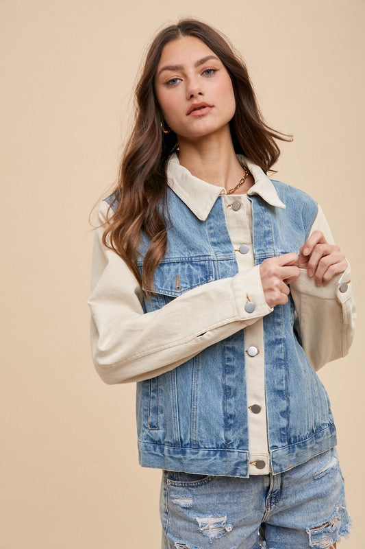 Annie Wear Collared Neck Double Placket Denim Jacket- Medium wash