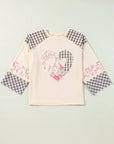 Heart Plaid Round Neck Long Sleeve Blouse