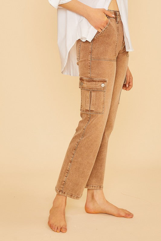 Annie Wear Straight Leg Jeans with Cargo Pockets- Caramel