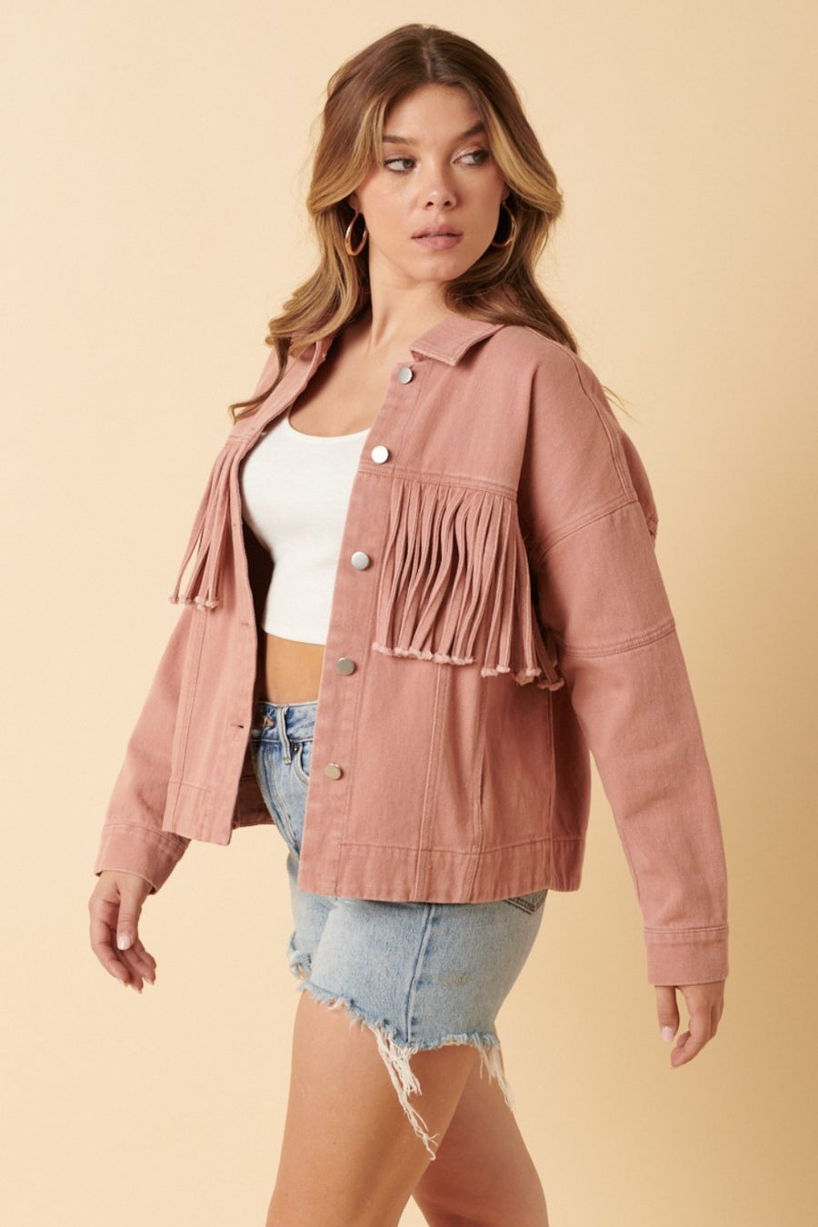 Mittoshop Fringe Detail Cotton Twill Jacket in Dusty Blush