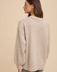 Annie Wear Half Button Ribbed Hem Sweater-oatmeal