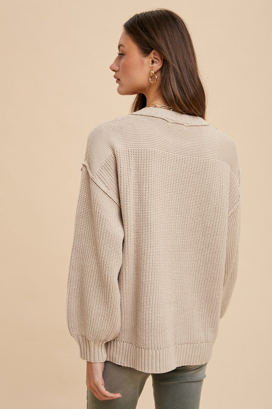 Annie Wear Half Button Ribbed Hem Sweater-oatmeal