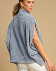 Umgee Solid Color Mock Neck Short Sleeve Top- Light Blue