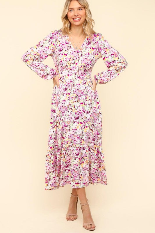 Haptics Full Size Floral V-Neck Long Sleeve Dress with Side Pockets-Lilac