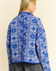 Davi & Dani Vintage Print Open Front Jacket with Pockets- Blue