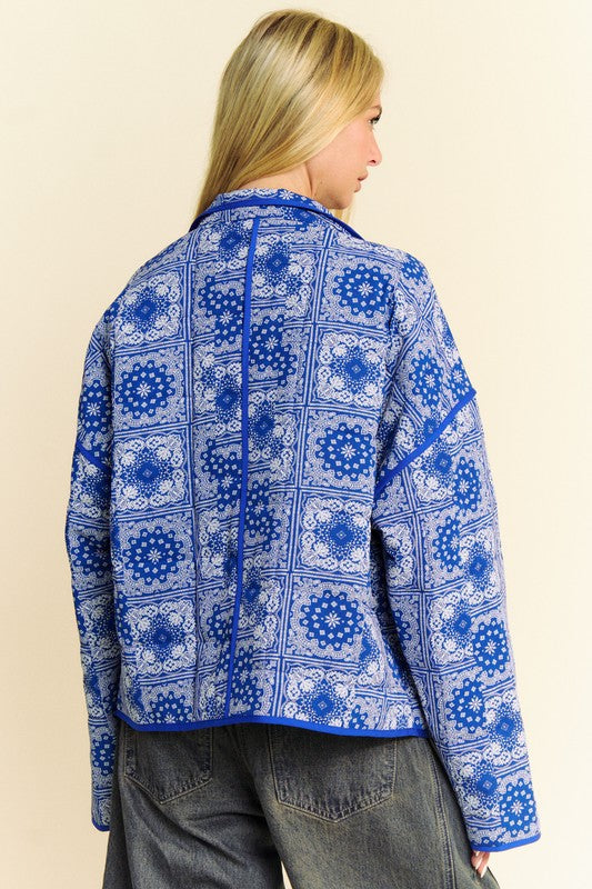 Davi & Dani Vintage Print Open Front Jacket with Pockets- Blue