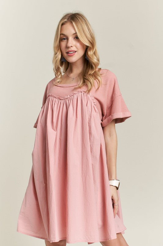 ADORA Round Neck Half Sleeve Babydoll Dress- Dusty Pink