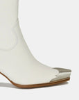 Beast Fashion Faux Leather Block Heel Boots with Side Zippers- White