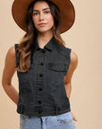 Annie Wear Collared Neck Button Down Denim Vest- Black