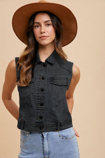 Annie Wear Collared Neck Button Down Denim Vest- Black