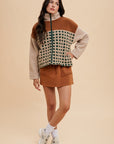 Annie Wear Plaid Zip Up Drop Shoulder Sherpa Jacket- Oatmeal/Camel