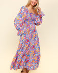 Haptics Smocked Floral Square Neck Flounce Sleeve Dress- Lavender