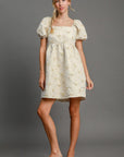 Umgee Heart Jacquard Square Neck Puff Sleeve Mini Dress