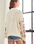 ADORA Plus Size Contrast Crochet Open Front Long Sleeve Cardigan- Ivory