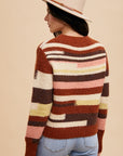 Annie Wear Color Block Round Neck Long Sleeve Sweater-Chocolate