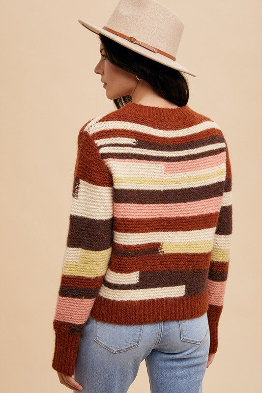 Annie Wear Color Block Round Neck Long Sleeve Sweater-Chocolate