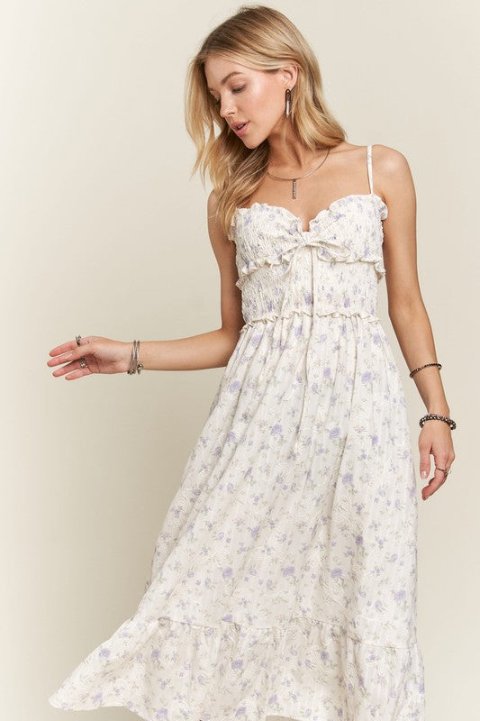 ADORA Smocked Floral Sweetheart Neck Cami Dress- Lavender