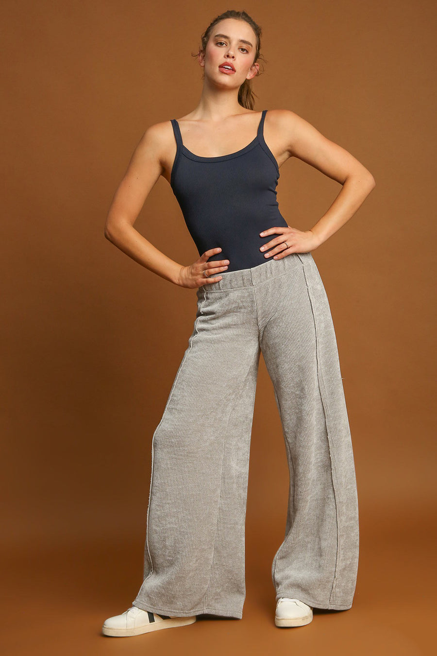 Umgee Elastic Waist Wide Leg Pants-Light Gray