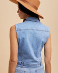 Annie Wear Collared Neck Button Down Denim Vest-medium wash