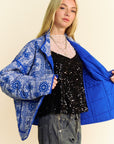 Davi & Dani Vintage Print Open Front Jacket with Pockets- Blue