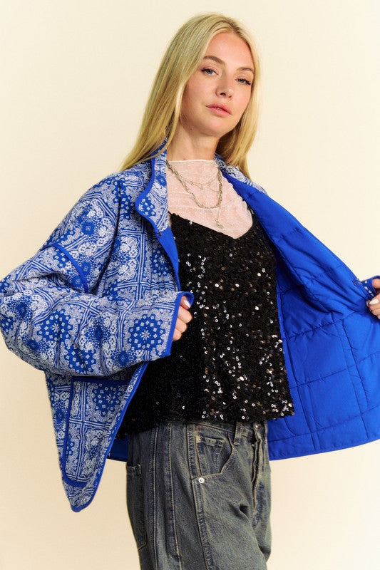 Davi & Dani Vintage Print Open Front Jacket with Pockets- Blue