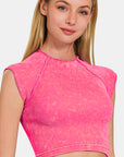 Zenana Ribbed Round Neck Cropped Top-Hot Pink