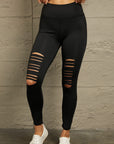 Double Take Wide Waistband Distressed Slim Fit Leggings- Black