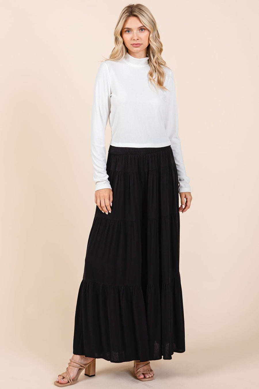 Mittoshop Tier Detail Smocked Elastic Waist Wide Leg Pants- Black