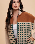 Annie Wear Plaid Zip Up Drop Shoulder Sherpa Jacket- Oatmeal/Camel