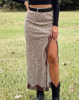 Brown Cheetah Print Trim Split Long Western Skirt