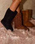 WILD DIVA Leopard Suede Round Toe Boots