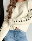 Contrast Stitch Detail Ribbed Trim Sweater- Ivory