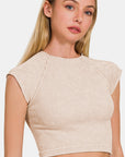 Zenana Ribbed Round Neck Cropped Top-Sand Beige