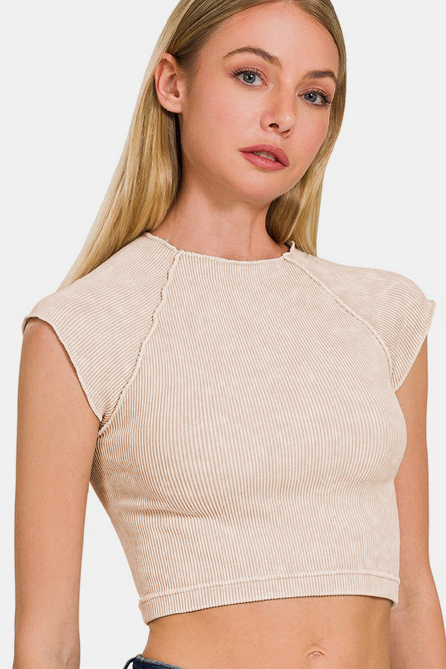 Zenana Ribbed Round Neck Cropped Top-Sand Beige