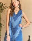 ADORA Chevron Color Block V-Neck Denim Dress-.Denim