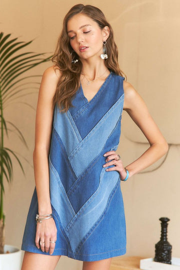 ADORA Chevron Color Block V-Neck Denim Dress-.Denim