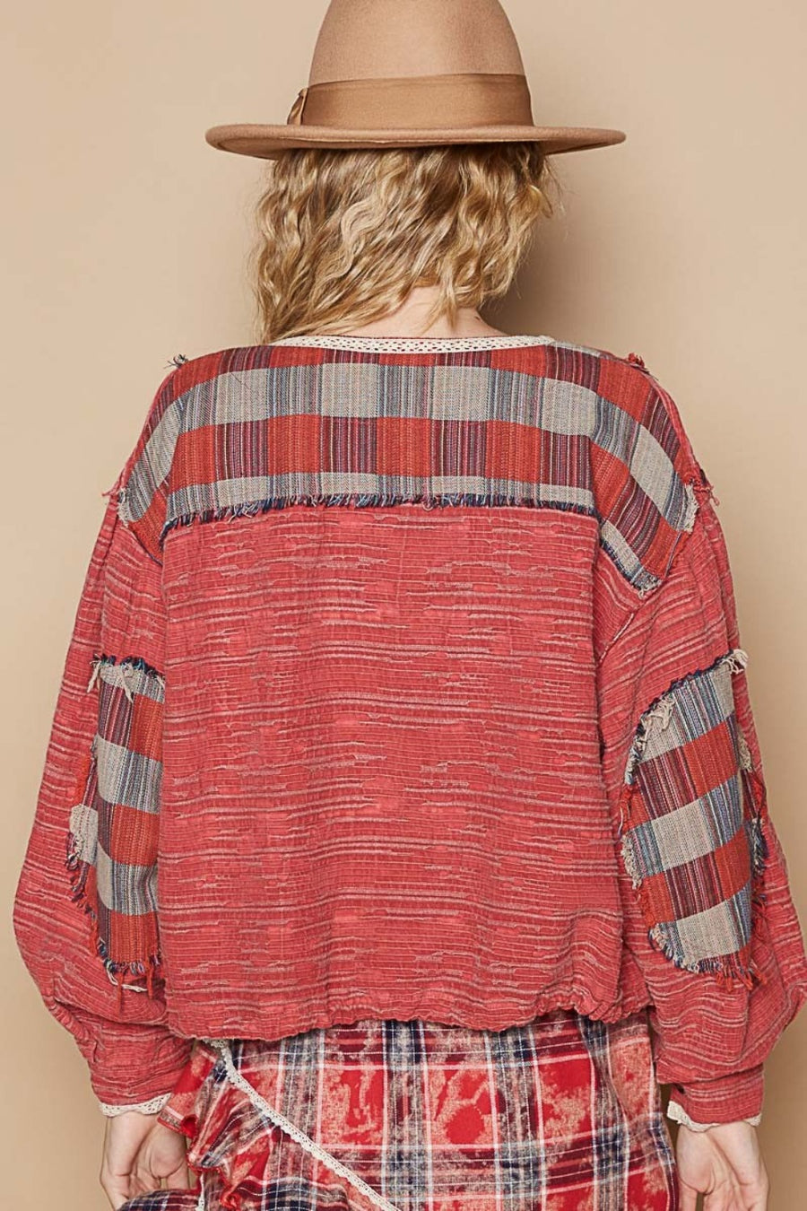 POL Round Neck Long Sleeve Plaid Shirt-Red Multi