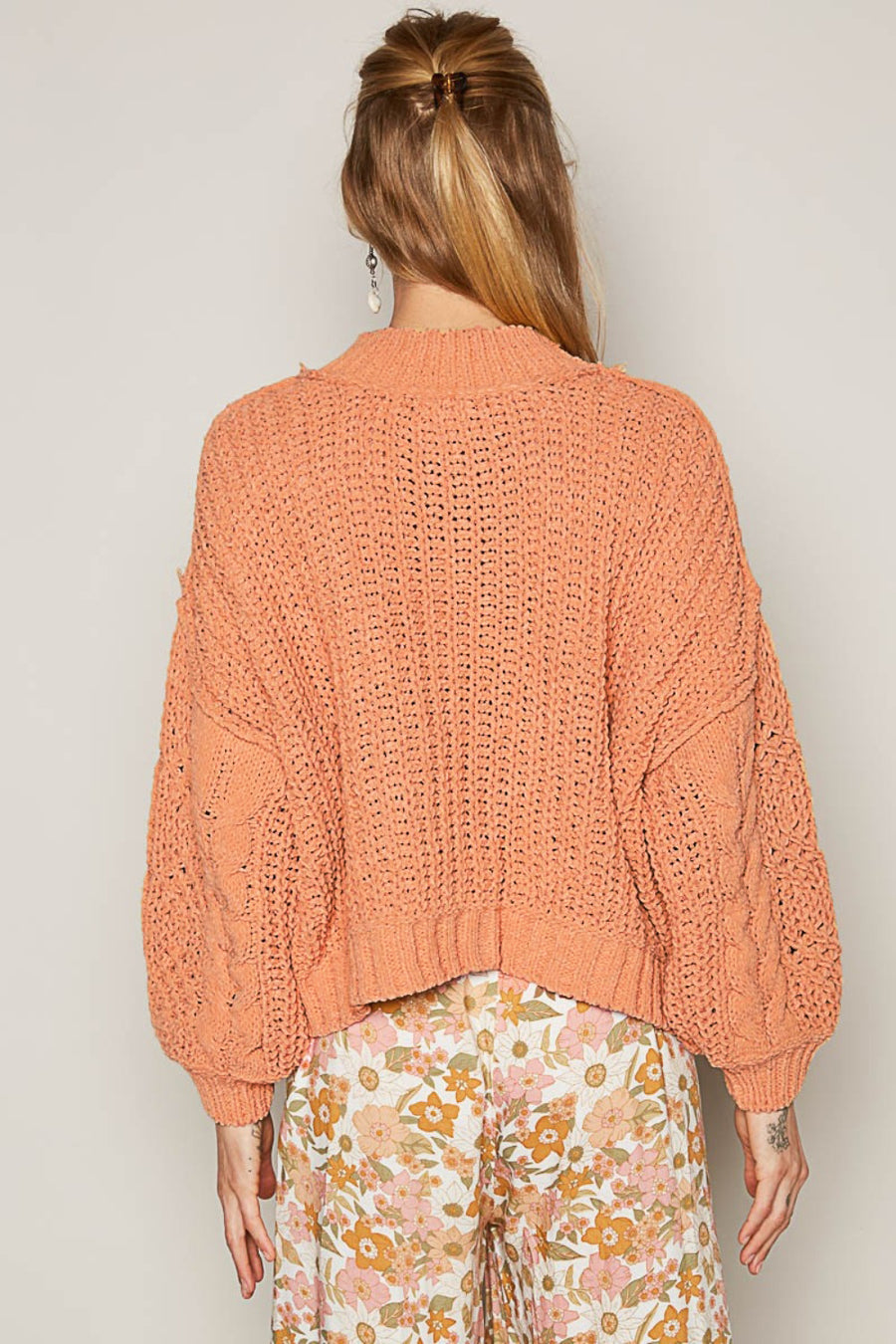 POL Mock Neck Cable Knit Sweater- Peach