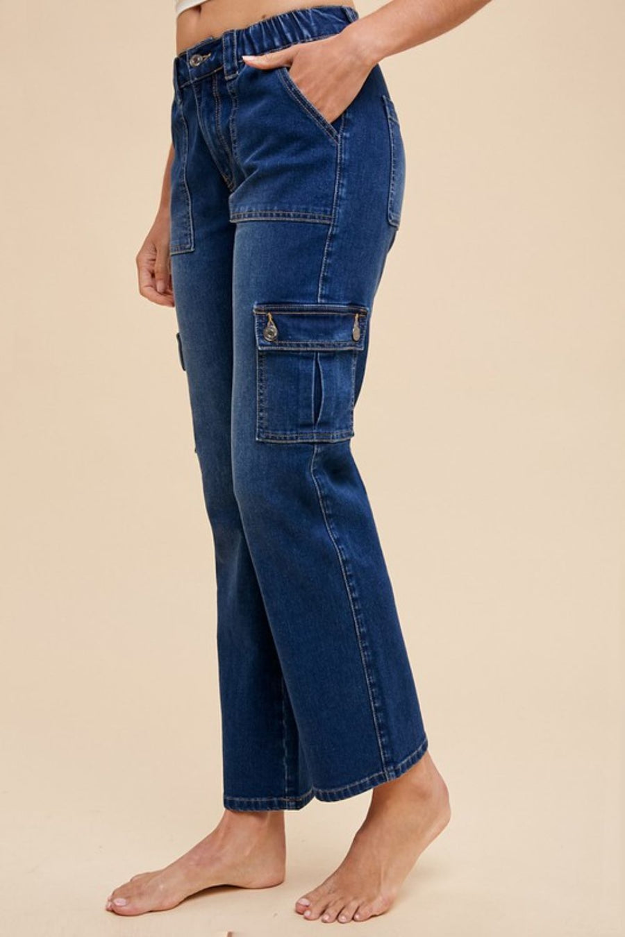 Annie Wear Straight Leg Jeans with Cargo Pockets- Dark Denim