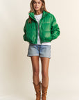 J.NNA Turtleneck Snap and Zipper Closure Crop Puff Jacket in Green