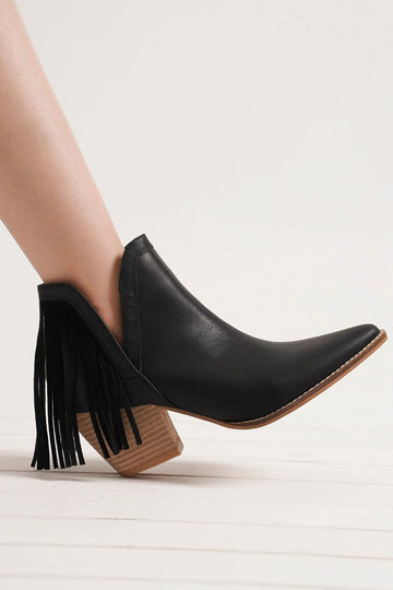 Beast Fashion Fringe Side V-Cut Ankle Booties- Black