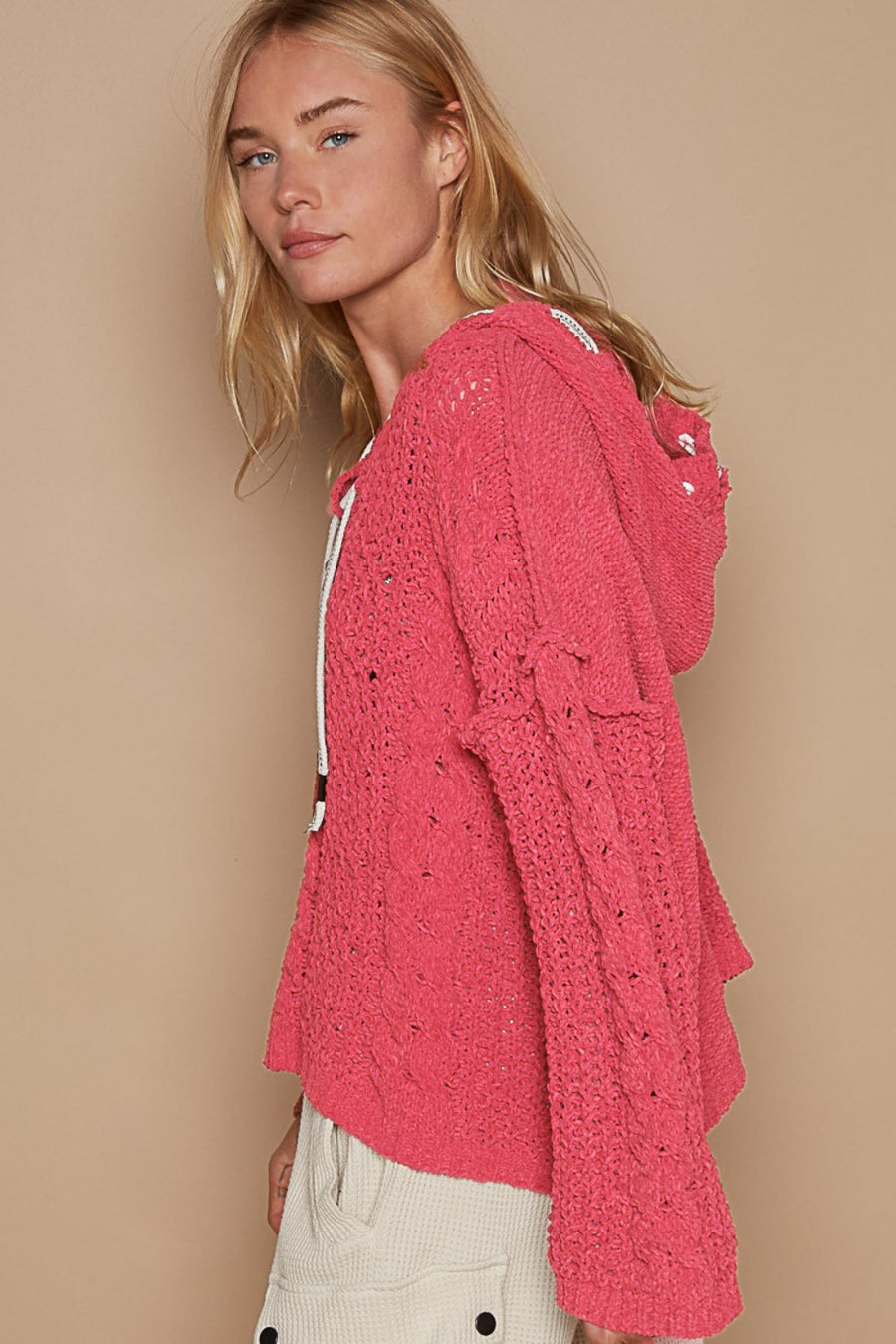 POL Cable Knit Hooded Chenille Sweater-Fuschia