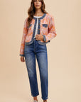 Annie Wear Floral Jacquard Denim Contrast Button Down Jacket- Coral