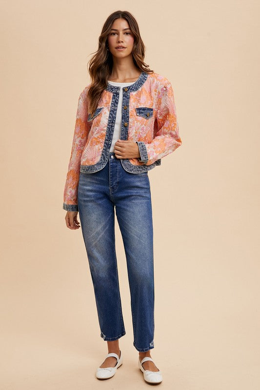 Annie Wear Floral Jacquard Denim Contrast Button Down Jacket- Coral