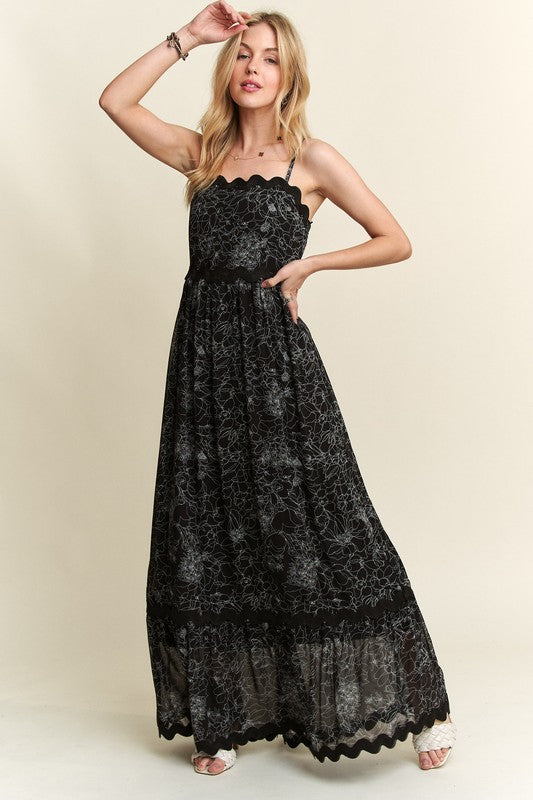 ADORA Floral Adjustable Strap Maxi Cami Dress- Black