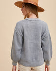 Annie Wear Half Button Ribbed Hem Sweater- Gray