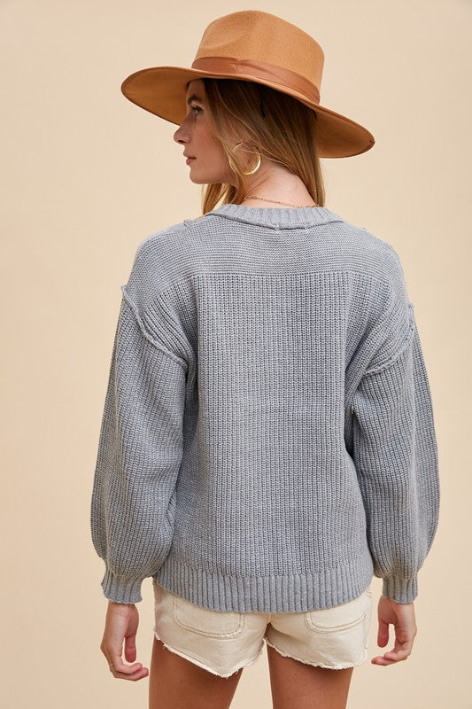 Annie Wear Half Button Ribbed Hem Sweater- Gray