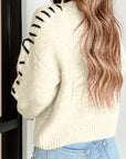 Contrast Stitch Detail Ribbed Trim Sweater- Ivory