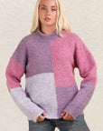 VERY J Color Block Mock Neck Drop Shoulder Sweater-Purpke