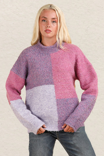 VERY J Color Block Mock Neck Drop Shoulder Sweater-Purpke